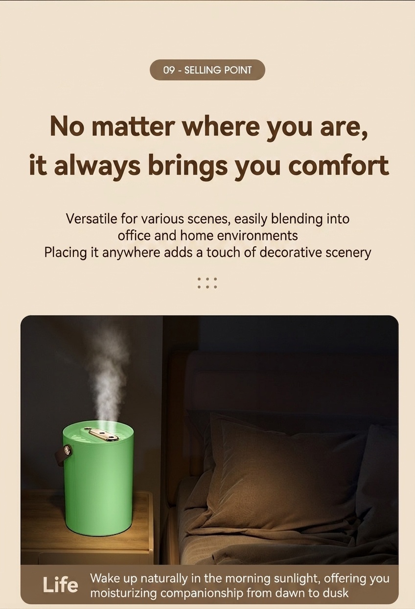 1.8L Portable Dual-Mist Humidifier, Silent Operation, 20-Hour Continuous Moisture, Soothing Night Light, USB Rechargeable Cool Mist Humidifier for Home & Office