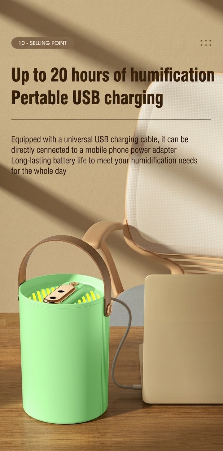 1.8L Portable Dual-Mist Humidifier, Silent Operation, 20-Hour Continuous Moisture, Soothing Night Light, USB Rechargeable Cool Mist Humidifier for Home & Office
