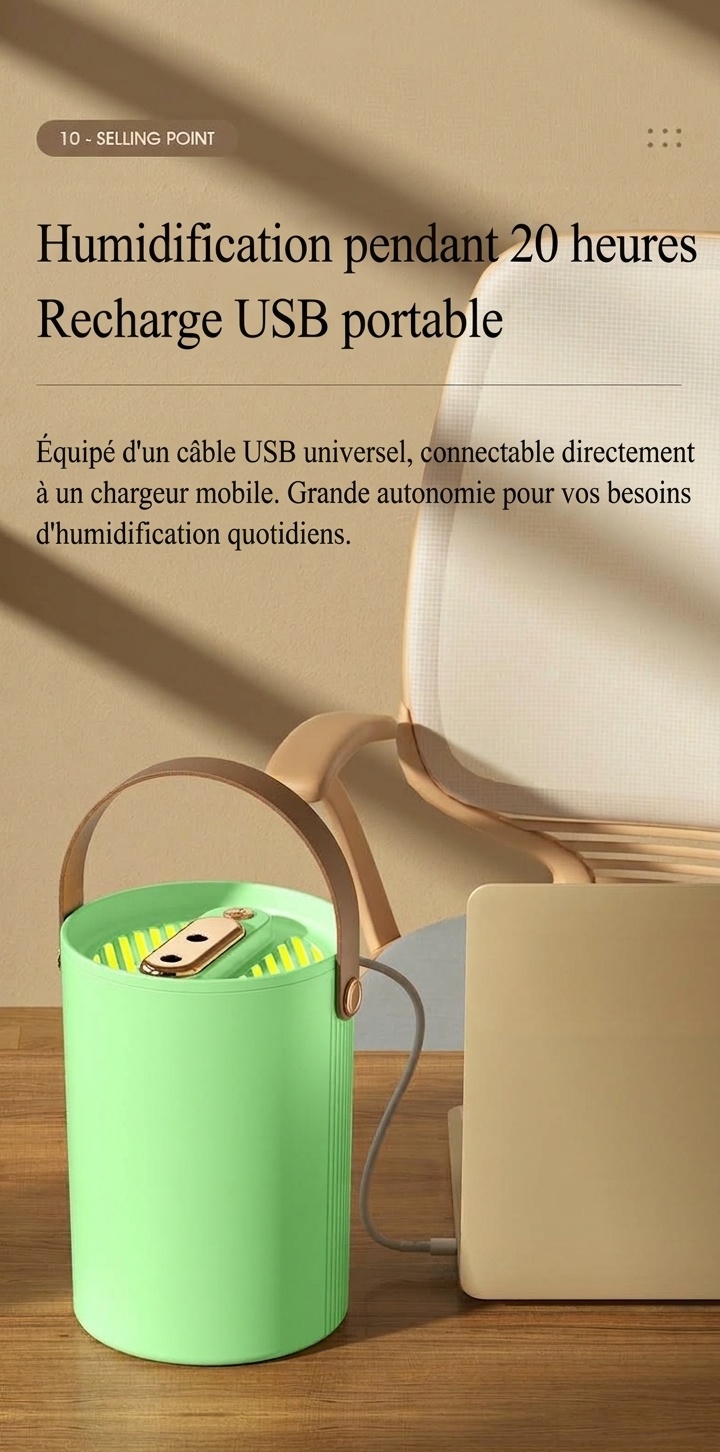 Humidificateur portable à double brume de 1,8 L, fonctionnement silencieux, 20 heures d'humidification continue, veilleuse apaisante, humidificateur à brume fraîche rechargeable par USB pour la maison et le bureau