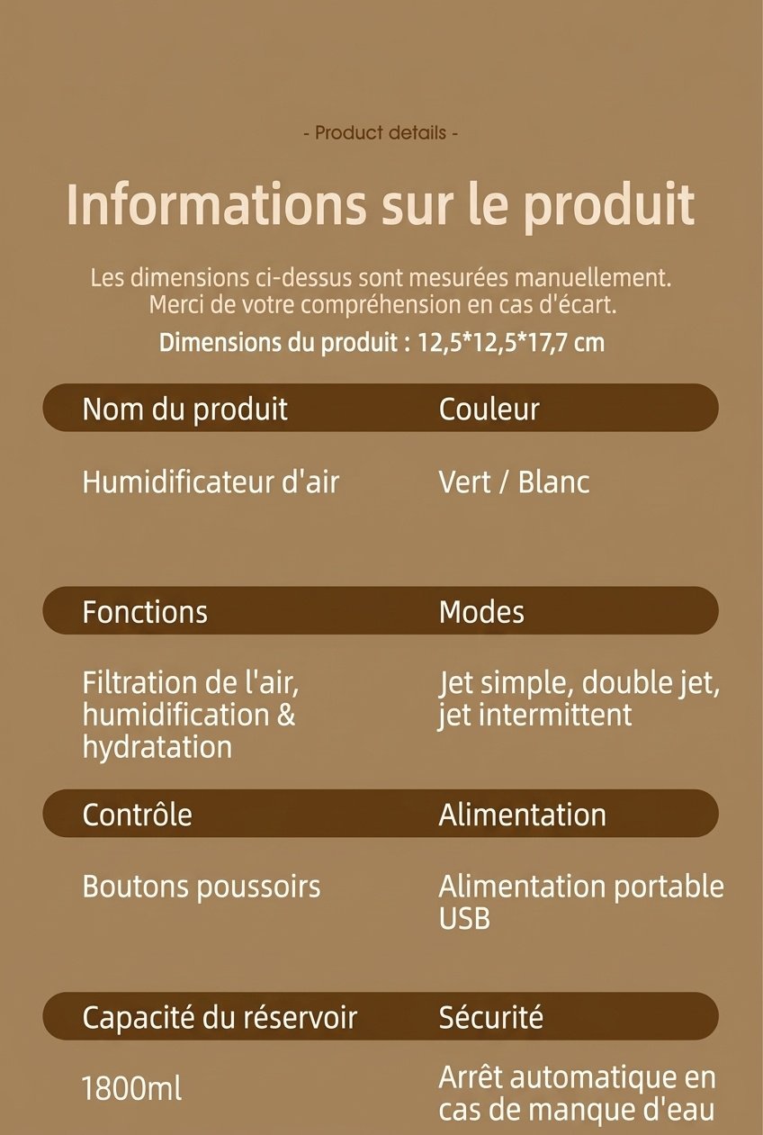 Humidificateur portable à double brume de 1,8 L, fonctionnement silencieux, 20 heures d'humidification continue, veilleuse apaisante, humidificateur à brume fraîche rechargeable par USB pour la maison et le bureau