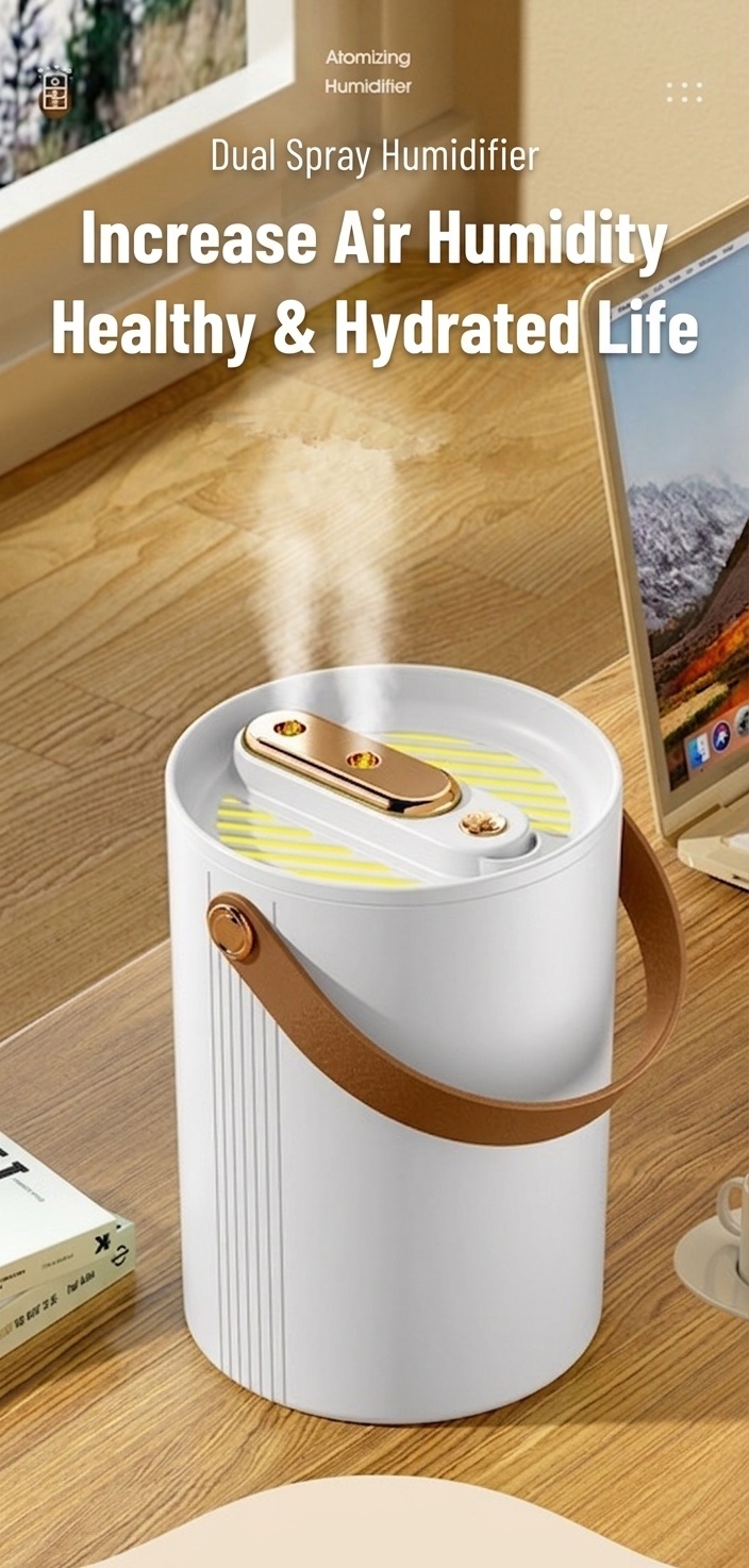 1.8L Portable Dual-Mist Humidifier, Silent Operation, 20-Hour Continuous Moisture, Soothing Night Light, USB Rechargeable Cool Mist Humidifier for Home & Office