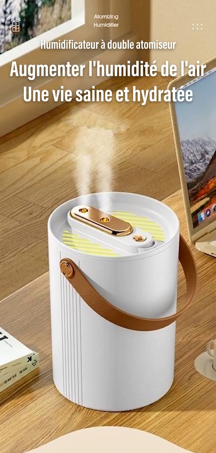 Humidificateur portable à double brume de 1,8 L, fonctionnement silencieux, 20 heures d'humidification continue, veilleuse apaisante, humidificateur à brume fraîche rechargeable par USB pour la maison et le bureau