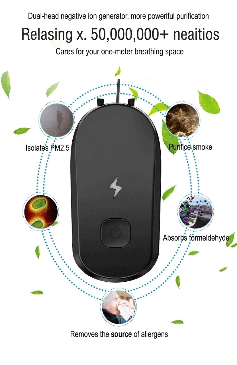 Portable Negative Ion Air Purifier Necklace, Personal Wearable Air Freshener, 50M+ Ions, 24-Hour Battery, Removes PM2.5, Smoke, Allergens, Lightweight ABS