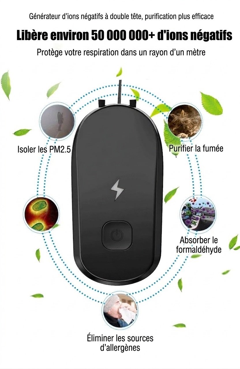 Collier purificateur d'air portable à ions négatifs, désodorisant personnel à porter, plus de 50 millions d'ions, autonomie de 24 heures, élimine les PM2.5, la fumée et les allergènes, en ABS léger