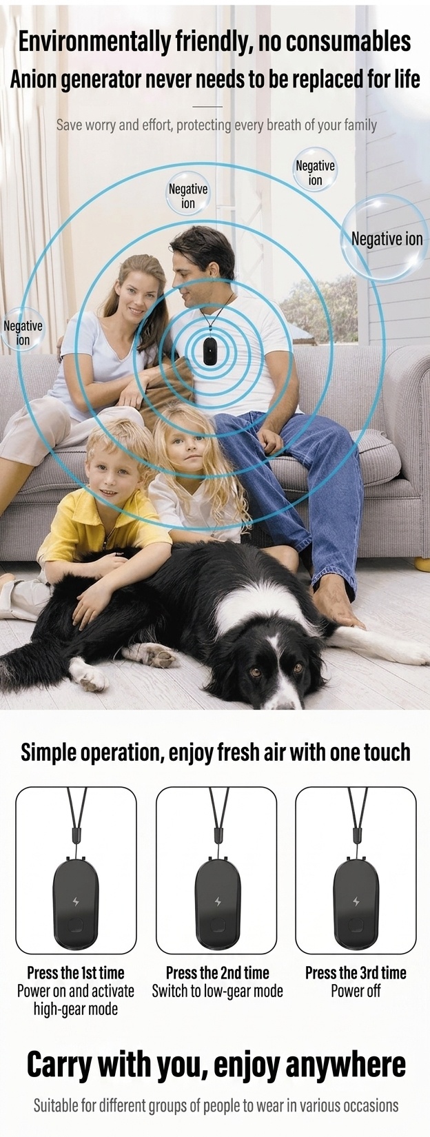 Portable Negative Ion Air Purifier Necklace, Personal Wearable Air Freshener, 50M+ Ions, 24-Hour Battery, Removes PM2.5, Smoke, Allergens, Lightweight ABS