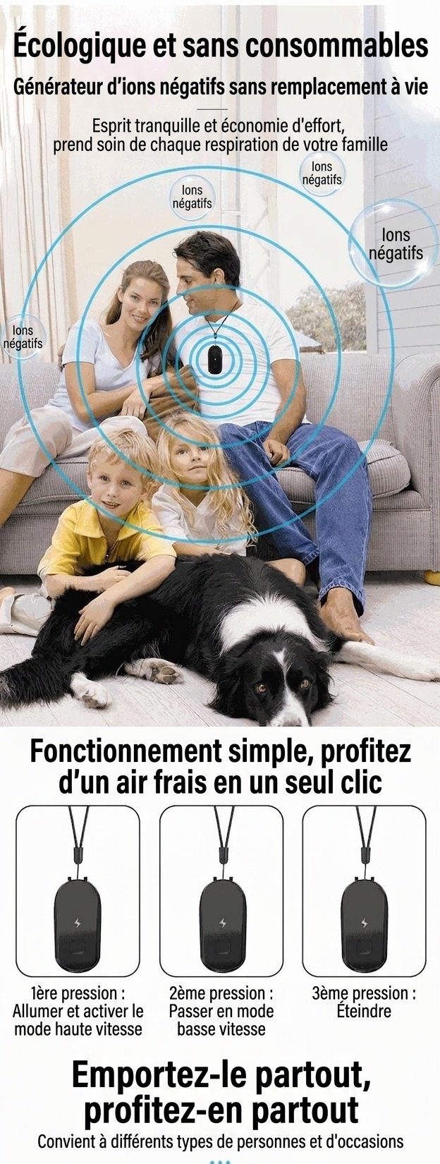 Collier purificateur d'air portable à ions négatifs, désodorisant personnel à porter, plus de 50 millions d'ions, autonomie de 24 heures, élimine les PM2.5, la fumée et les allergènes, en ABS léger