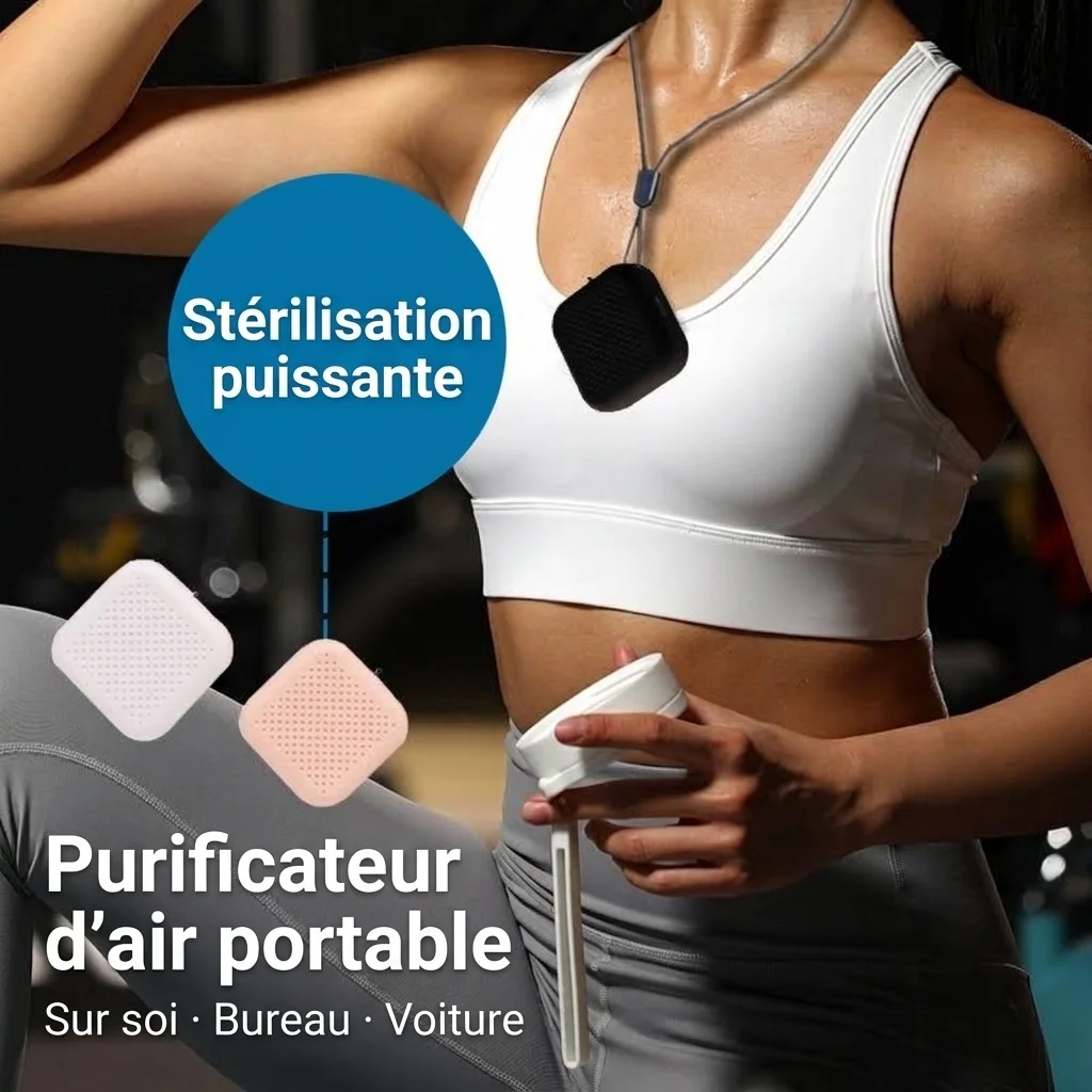 Mini purificateur d'air portable à porter en collier, rechargeable par USB, léger (29 g), silencieux, élimine les particules fines PM2.5, le pollen et la fumée. Idéal pour les voyages.
