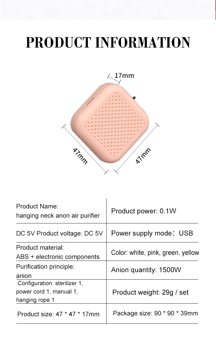 Wearable Mini Air Purifier, Portable Anion Air Cleaner Necklace, USB Rechargeable, 29g Lightweight, Silent Operation, Removes PM2.5, Pollen, Smoke for Travel