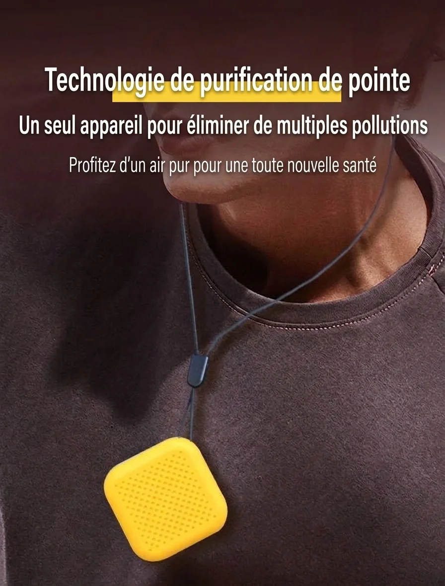 Mini purificateur d'air portable à porter en collier, rechargeable par USB, léger (29 g), silencieux, élimine les particules fines PM2.5, le pollen et la fumée. Idéal pour les voyages.