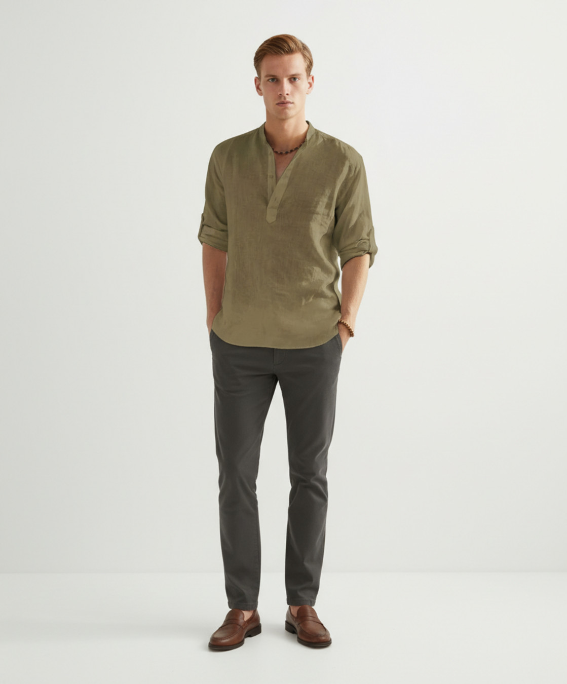 Cotton Linen Men's Casual Shirt Stand Collar Long Sleeve Loose Fit NDF-00005