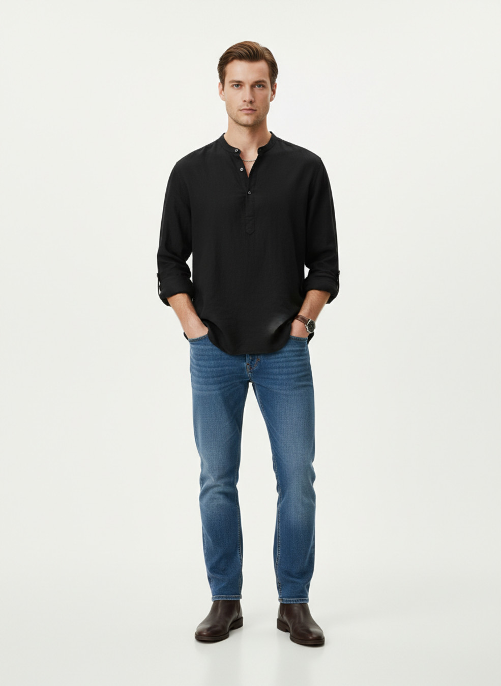 Cotton Linen Men's Casual Shirt Stand Collar Long Sleeve Loose Fit NDF-00005