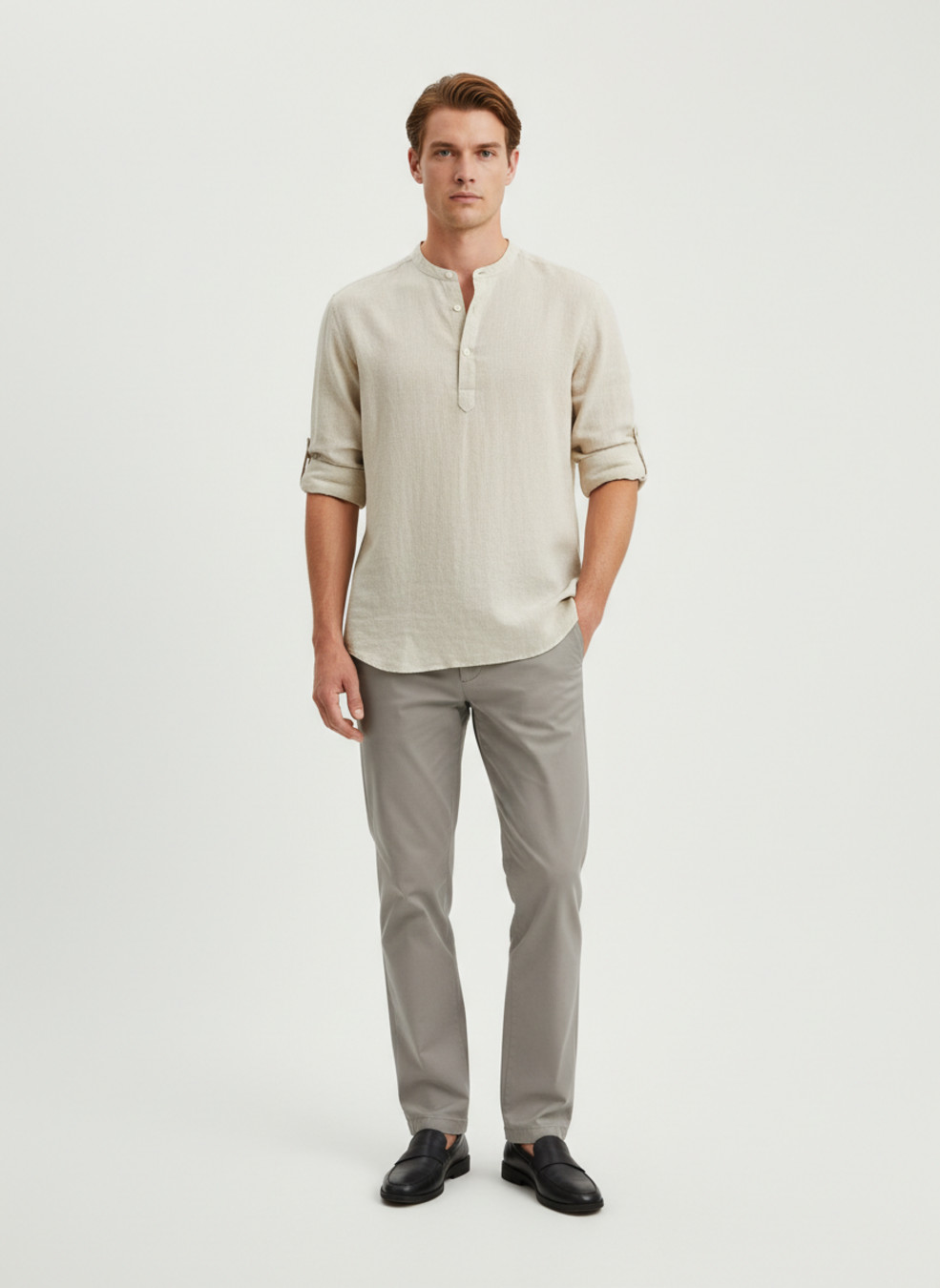 Cotton Linen Men's Casual Shirt Stand Collar Long Sleeve Loose Fit NDF-00005