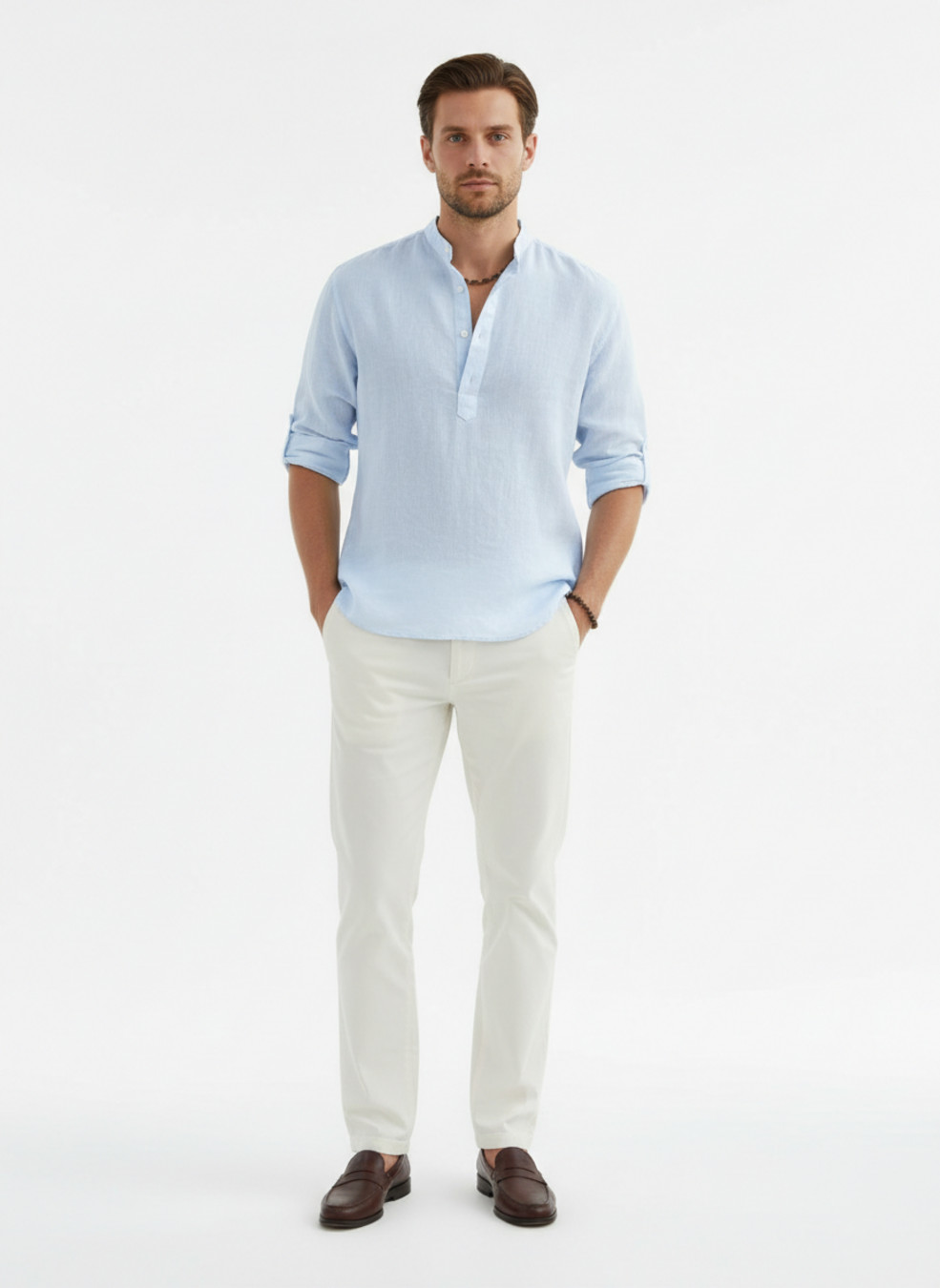 Cotton Linen Men's Casual Shirt Stand Collar Long Sleeve Loose Fit NDF-00005