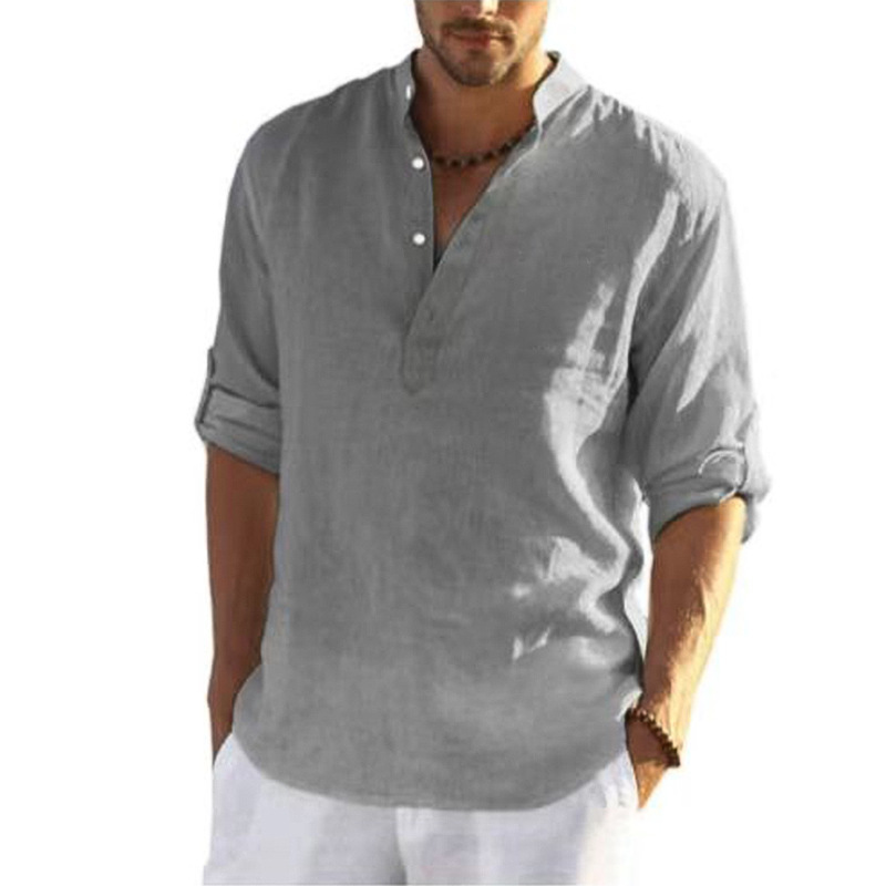 Cotton Linen Men's Casual Shirt Stand Collar Long Sleeve Loose Fit NDF-00005