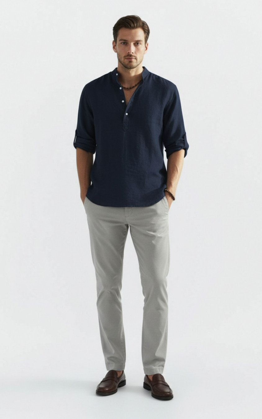 Cotton Linen Men's Casual Shirt Stand Collar Long Sleeve Loose Fit NDF-00005