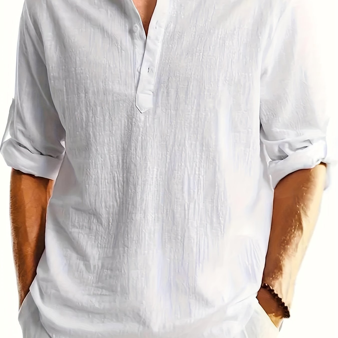 Cotton Linen Men's Casual Shirt Stand Collar Long Sleeve Loose Fit NDF-00005