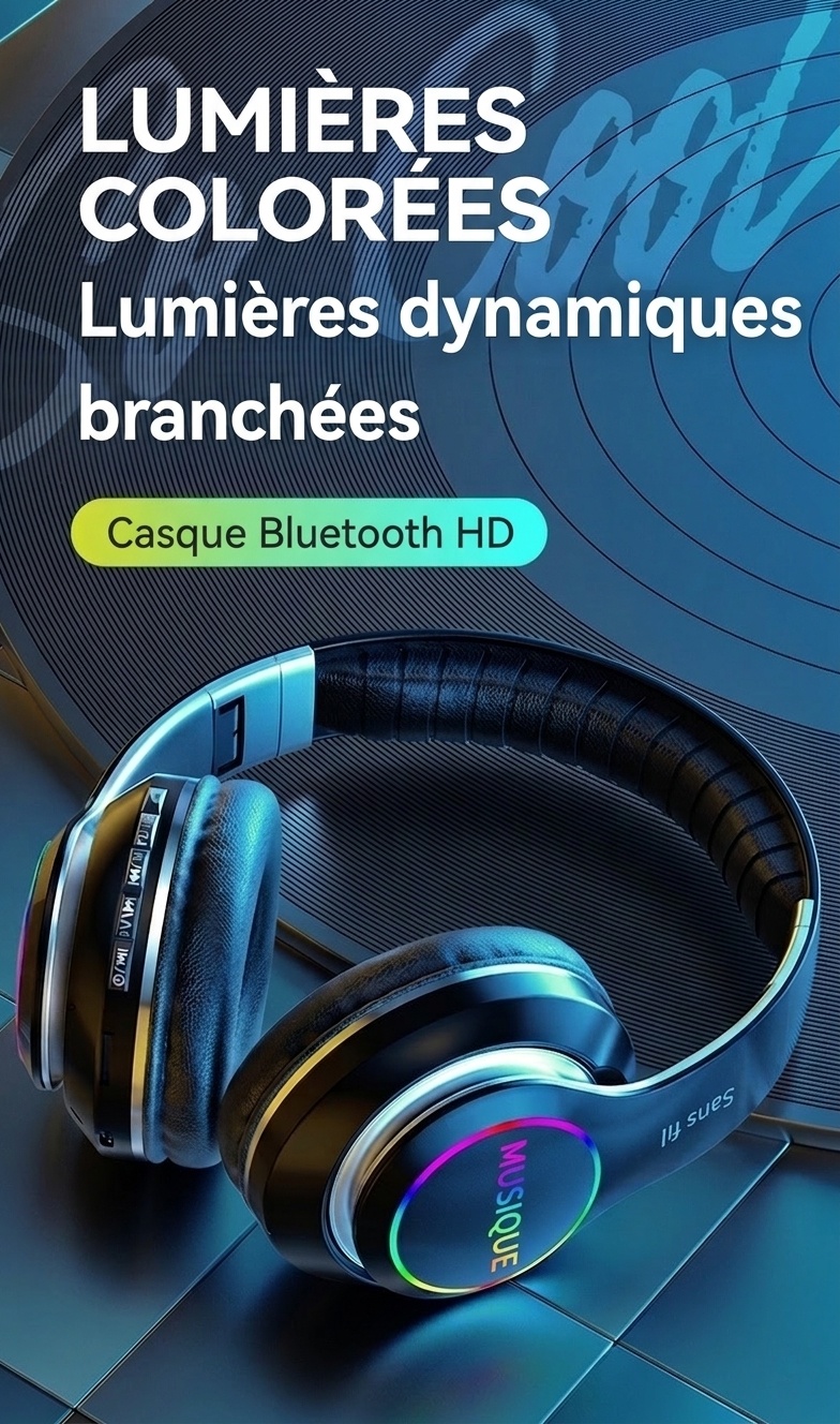 Casque sans fil Bluetooth 5.0 avec éclairage RGB et micro