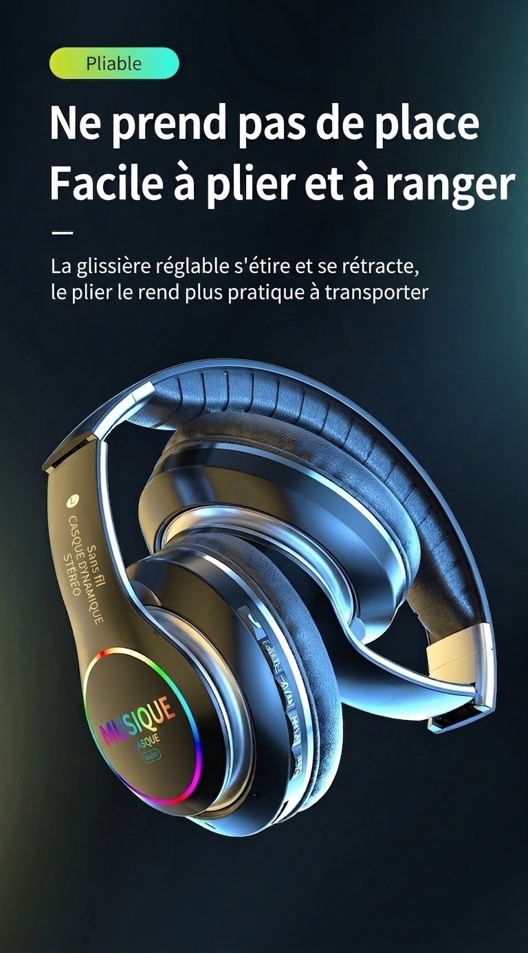 Casque sans fil Bluetooth 5.0 avec éclairage RGB et micro
