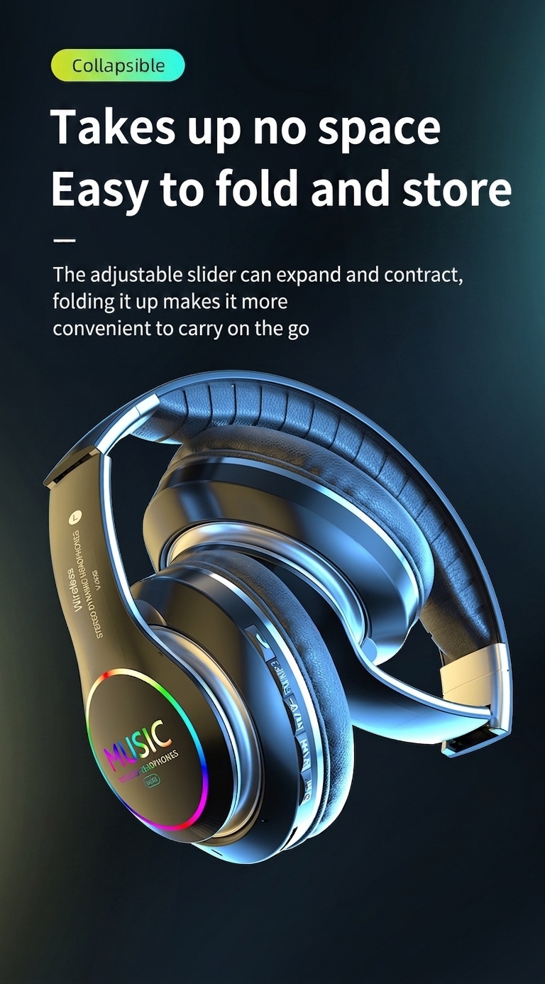 Wireless Bluetooth 5.0 Headphones with RGB Light & Mic