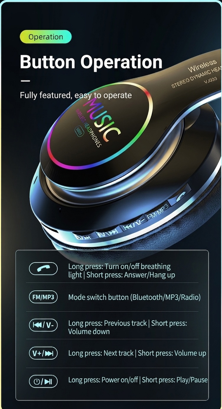 Wireless Bluetooth 5.0 Headphones with RGB Light & Mic