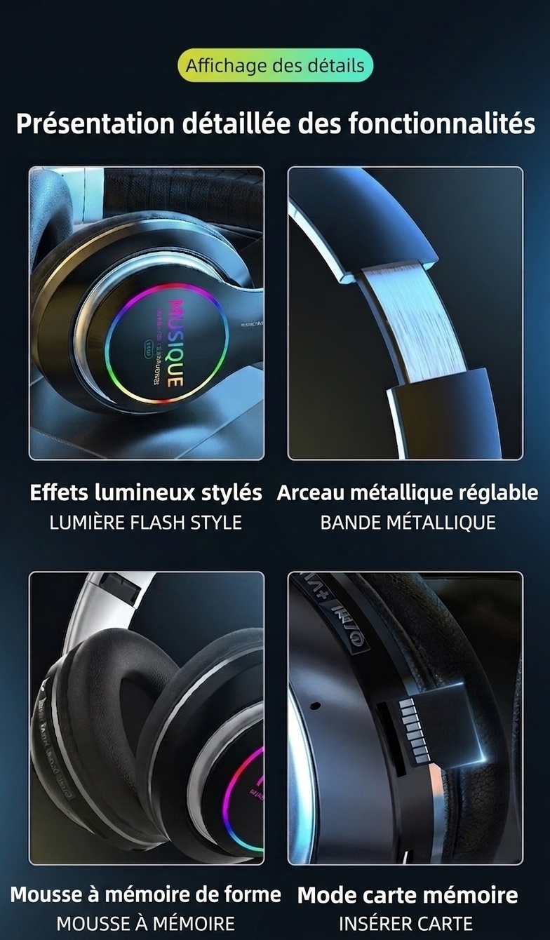Casque sans fil Bluetooth 5.0 avec éclairage RGB et micro