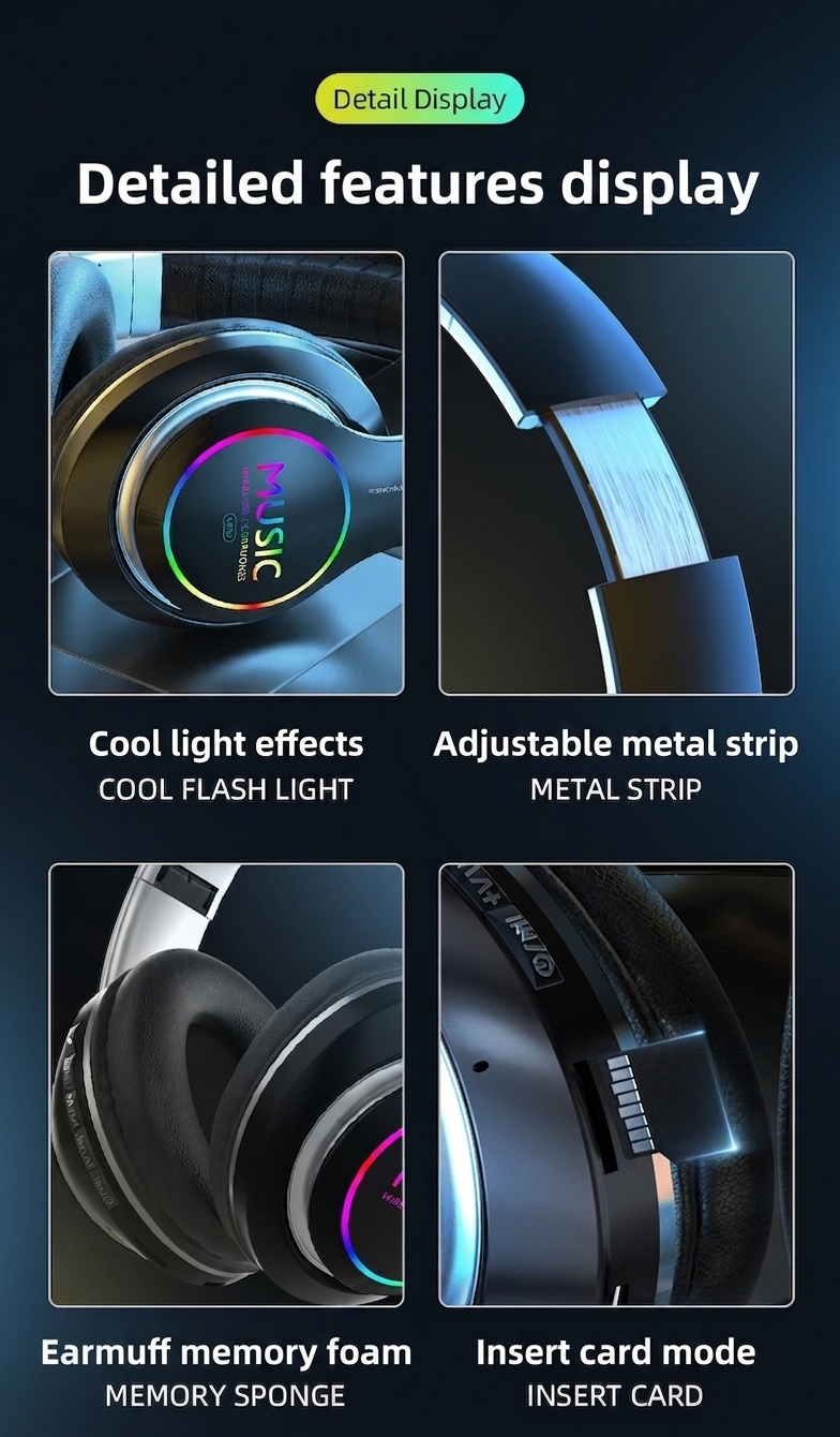 Wireless Bluetooth 5.0 Headphones with RGB Light & Mic