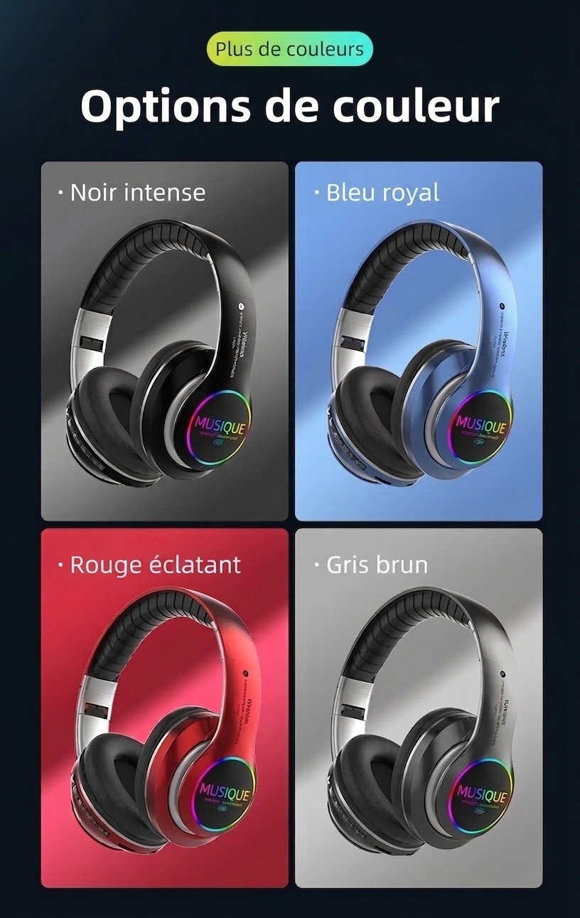 Casque sans fil Bluetooth 5.0 avec éclairage RGB et micro