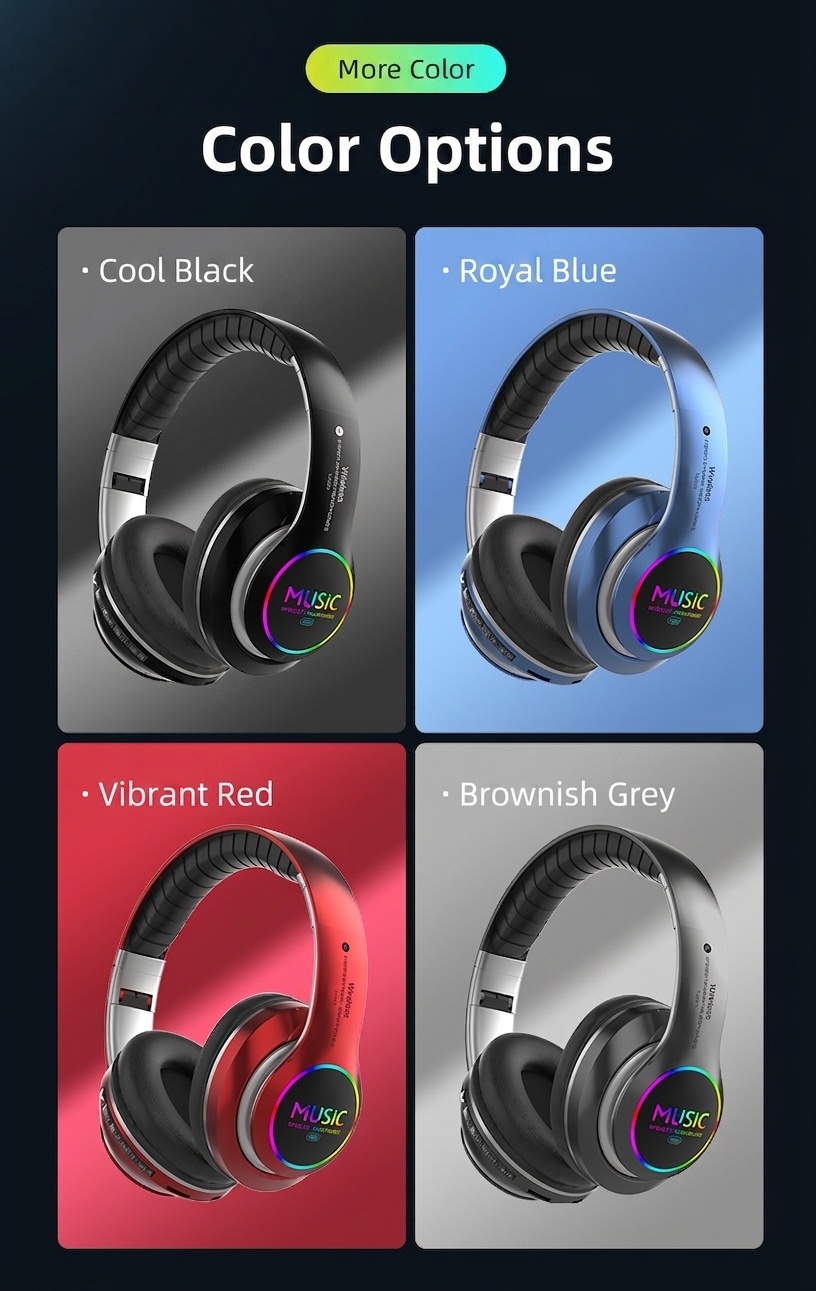 Wireless Bluetooth 5.0 Headphones with RGB Light & Mic