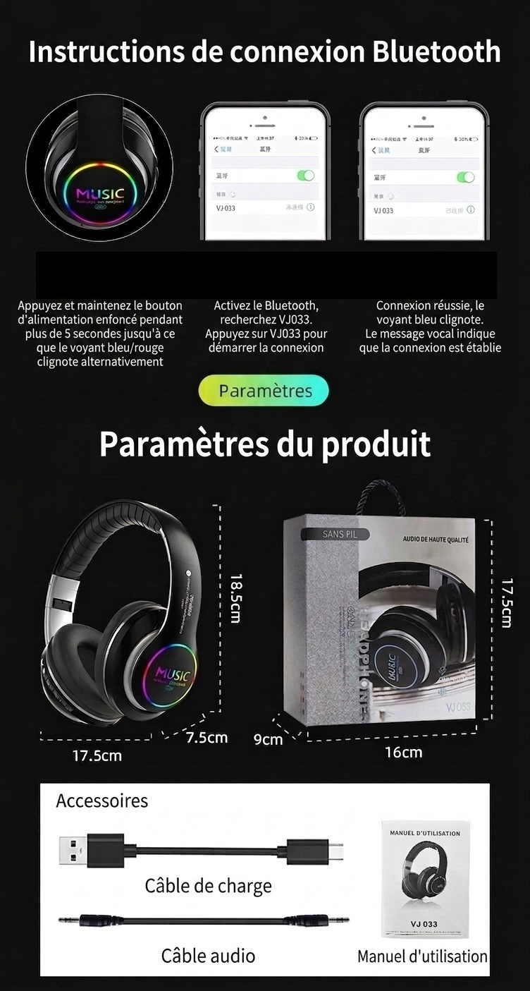 Casque sans fil Bluetooth 5.0 avec éclairage RGB et micro