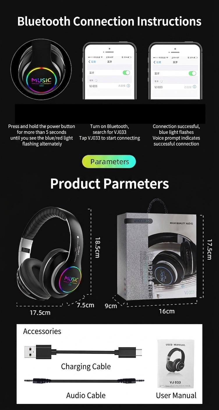 Wireless Bluetooth 5.0 Headphones with RGB Light & Mic