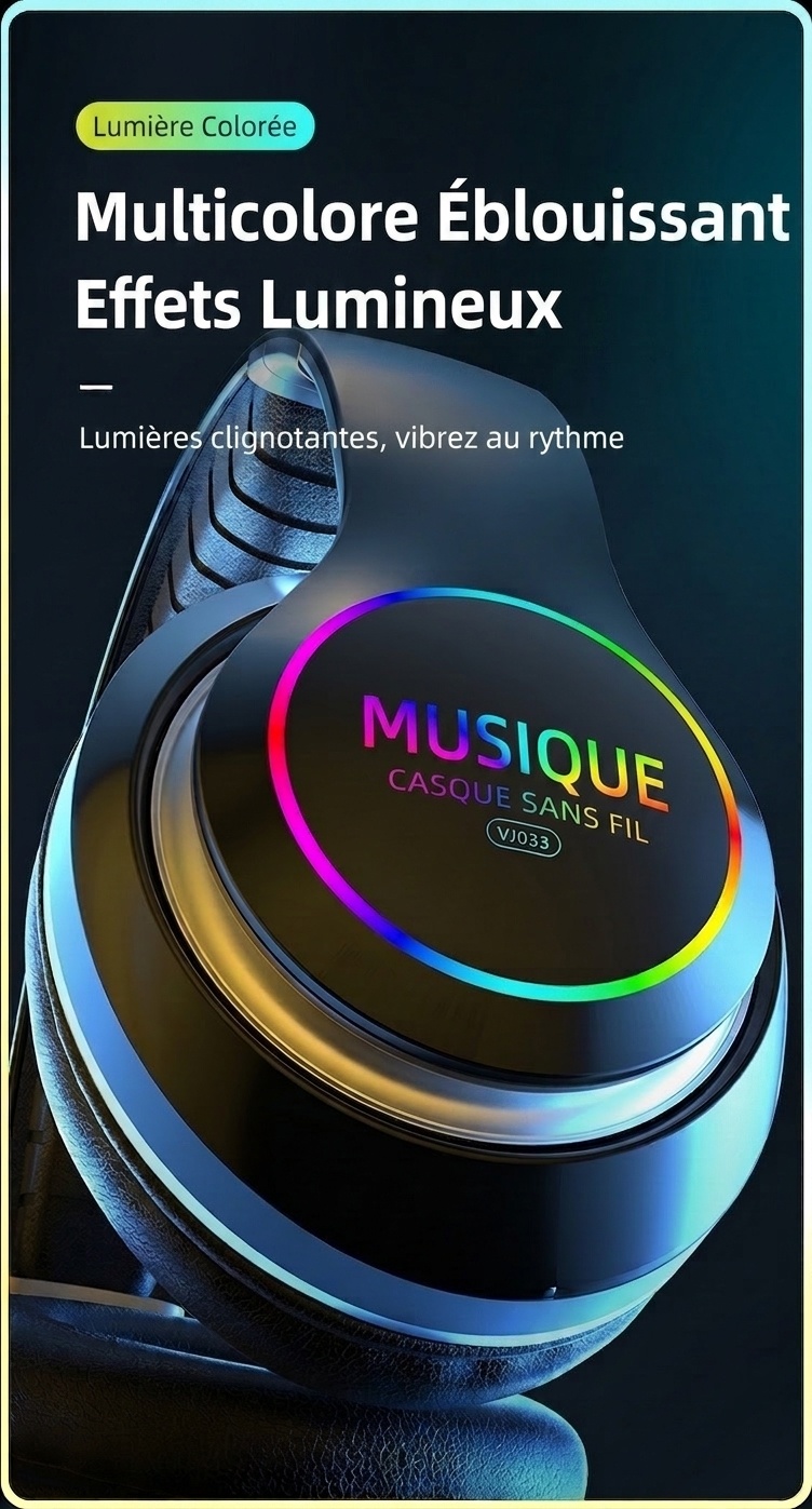 Casque sans fil Bluetooth 5.0 avec éclairage RGB et micro