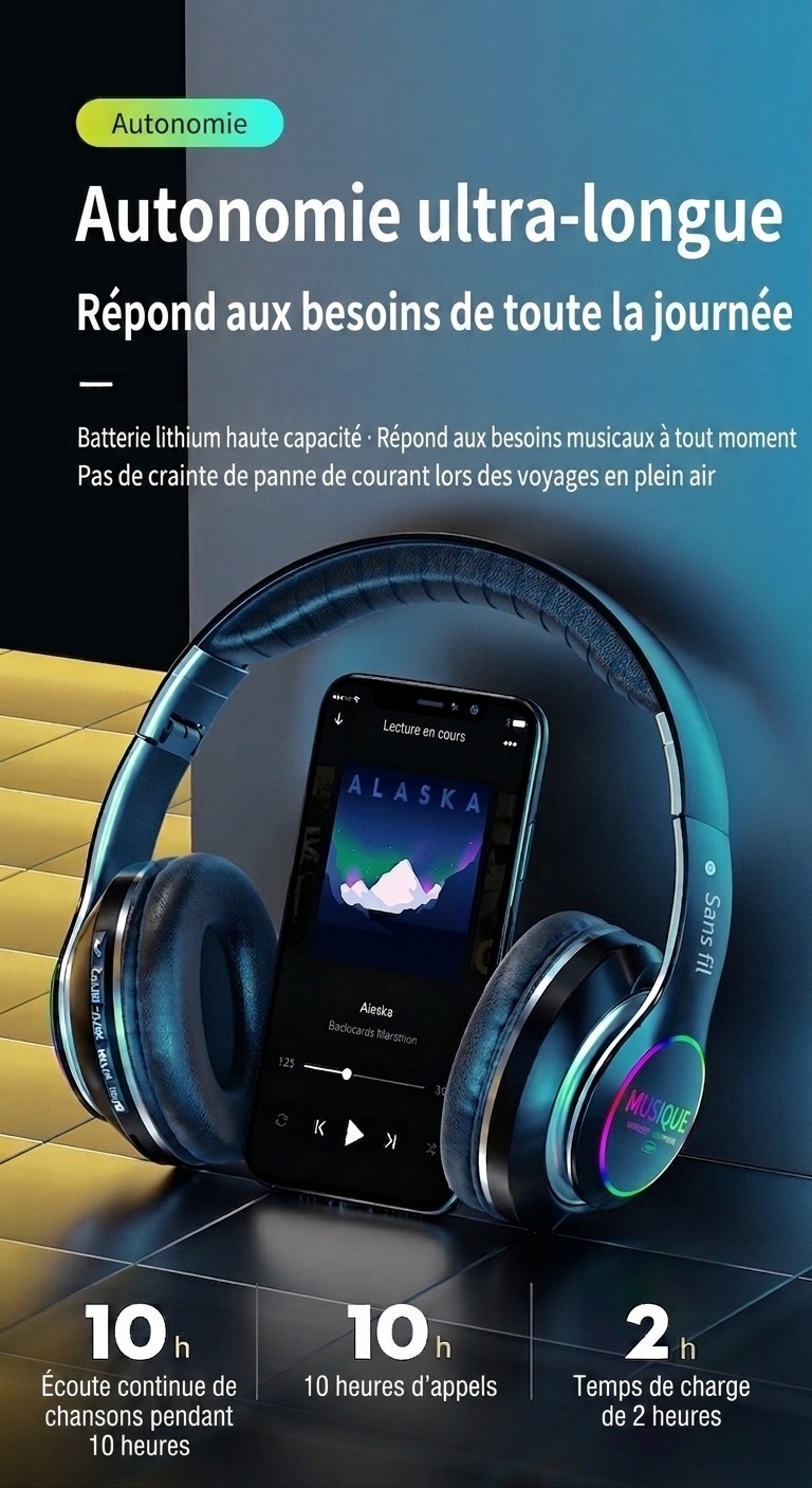 Casque sans fil Bluetooth 5.0 avec éclairage RGB et micro