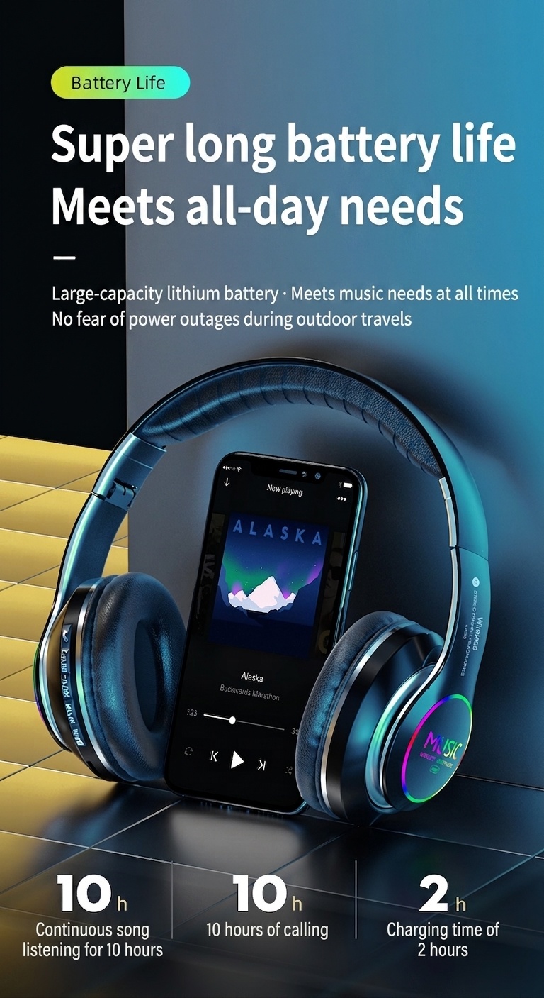 Wireless Bluetooth 5.0 Headphones with RGB Light & Mic