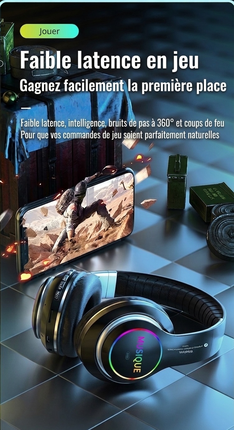 Casque sans fil Bluetooth 5.0 avec éclairage RGB et micro
