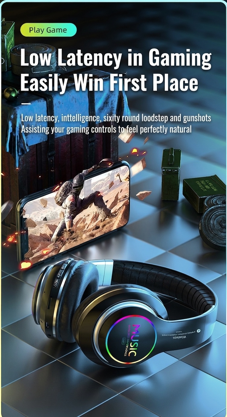 Wireless Bluetooth 5.0 Headphones with RGB Light & Mic