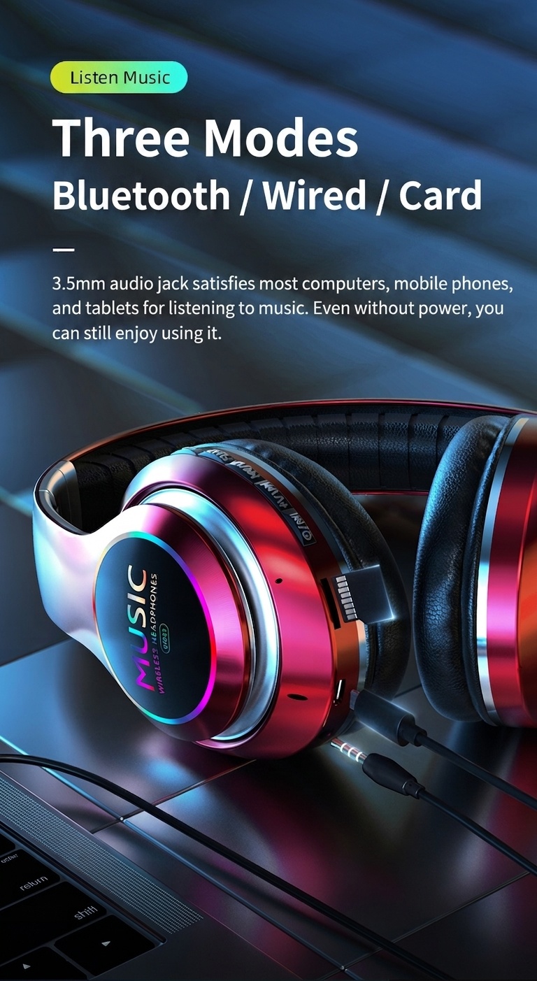 Wireless Bluetooth 5.0 Headphones with RGB Light & Mic