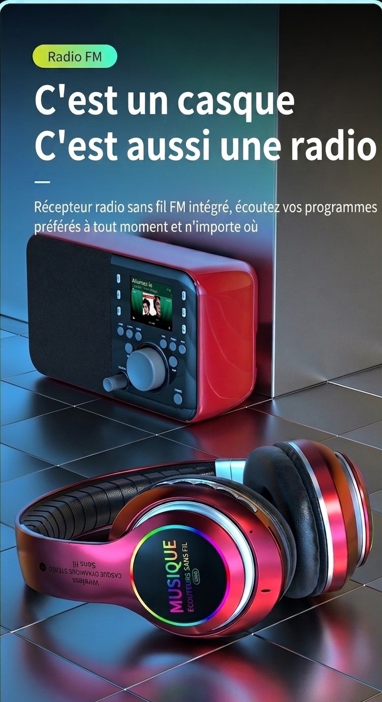 Casque sans fil Bluetooth 5.0 avec éclairage RGB et micro
