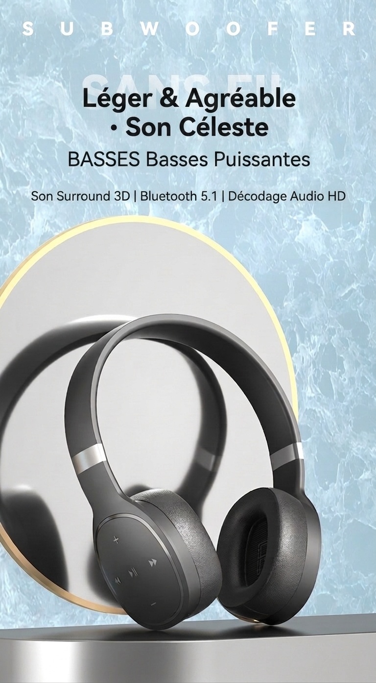 Casque audio sans fil Bluetooth 5.1 supra-auriculaire avec basses profondes