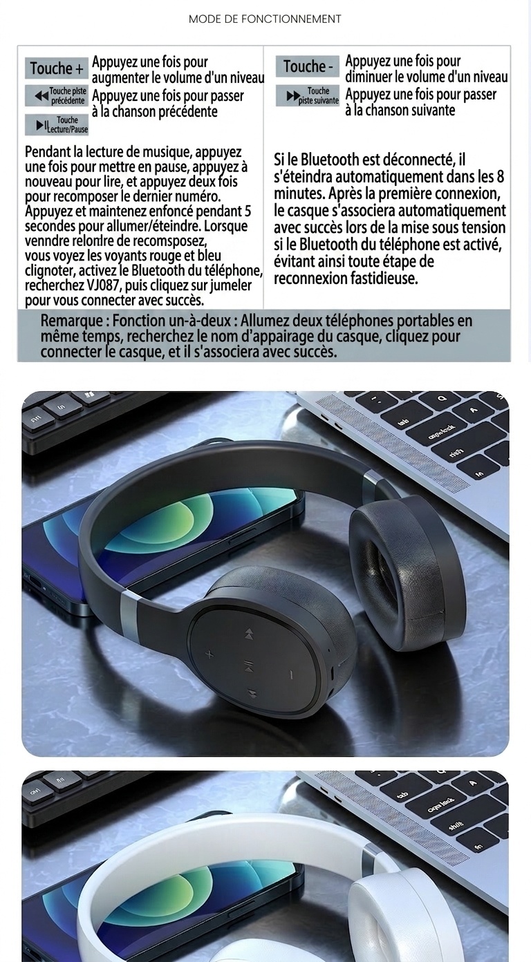 Casque audio sans fil Bluetooth 5.1 supra-auriculaire avec basses profondes