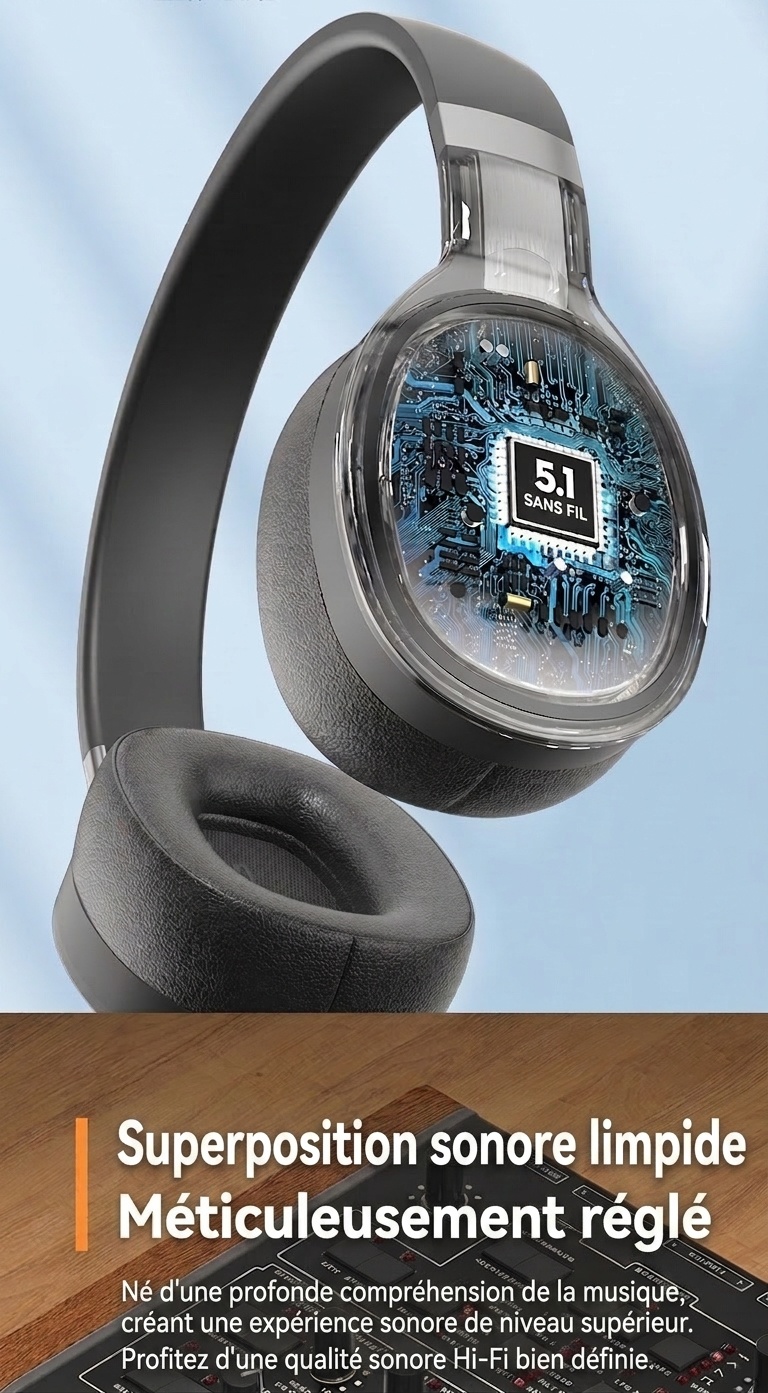 Casque audio sans fil Bluetooth 5.1 supra-auriculaire avec basses profondes