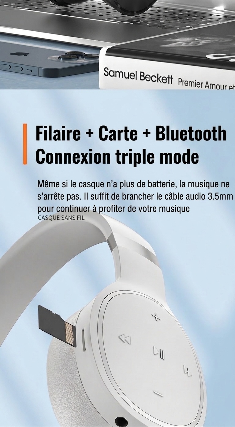 Casque audio sans fil Bluetooth 5.1 supra-auriculaire avec basses profondes