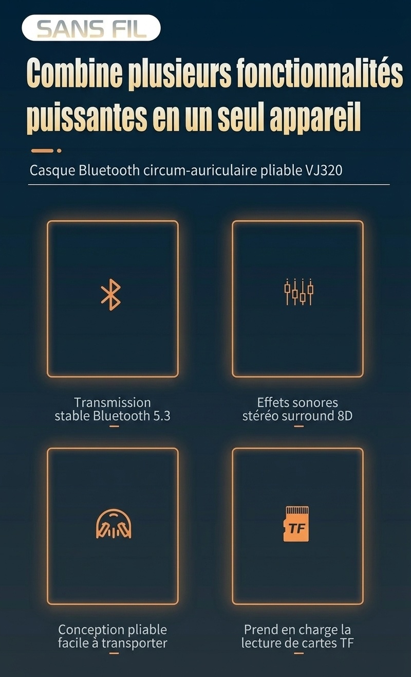 Casque Bluetooth sans fil avec son surround 8D
