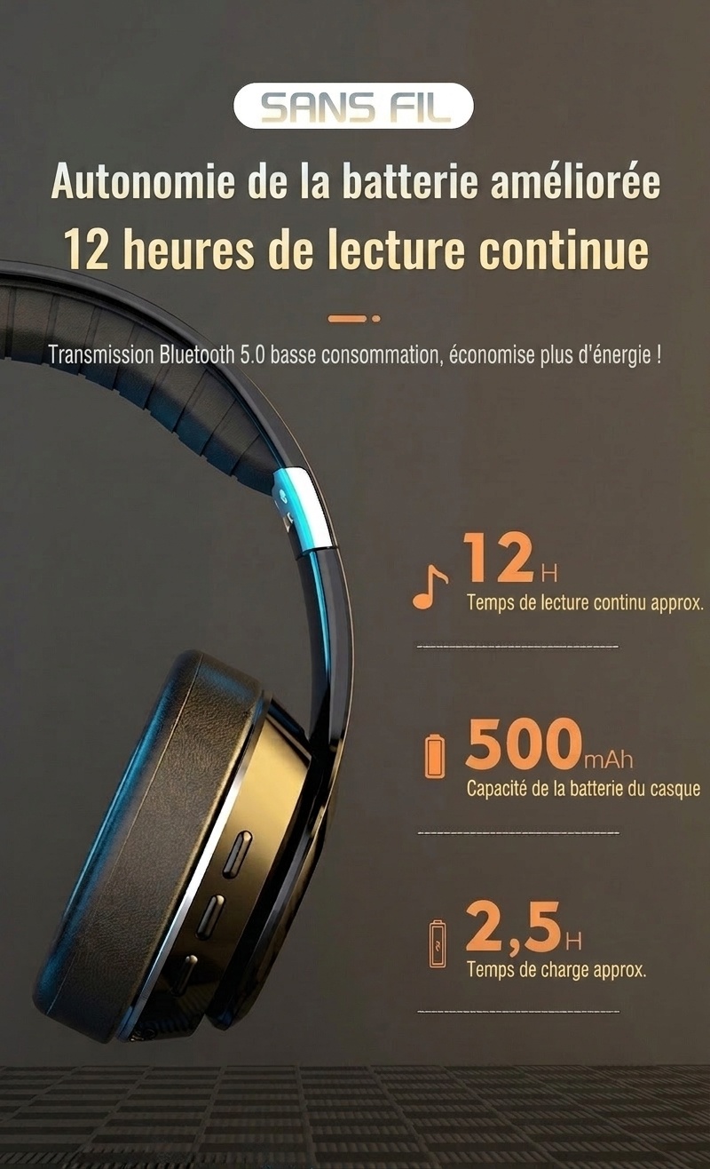 Casque Bluetooth sans fil avec son surround 8D