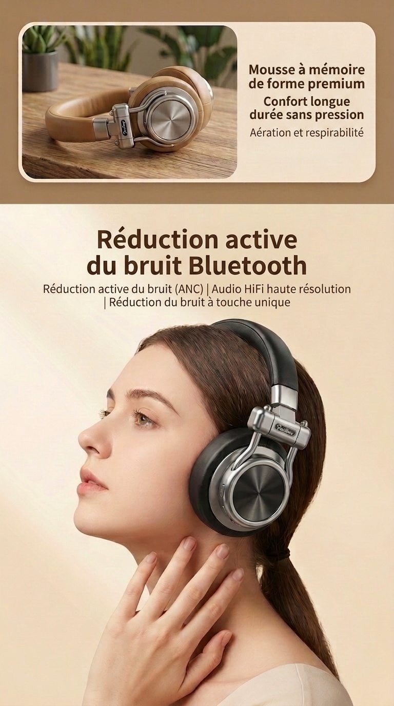 Casque rétro sans fil à réduction de bruit - Bluetooth Hi-Fi