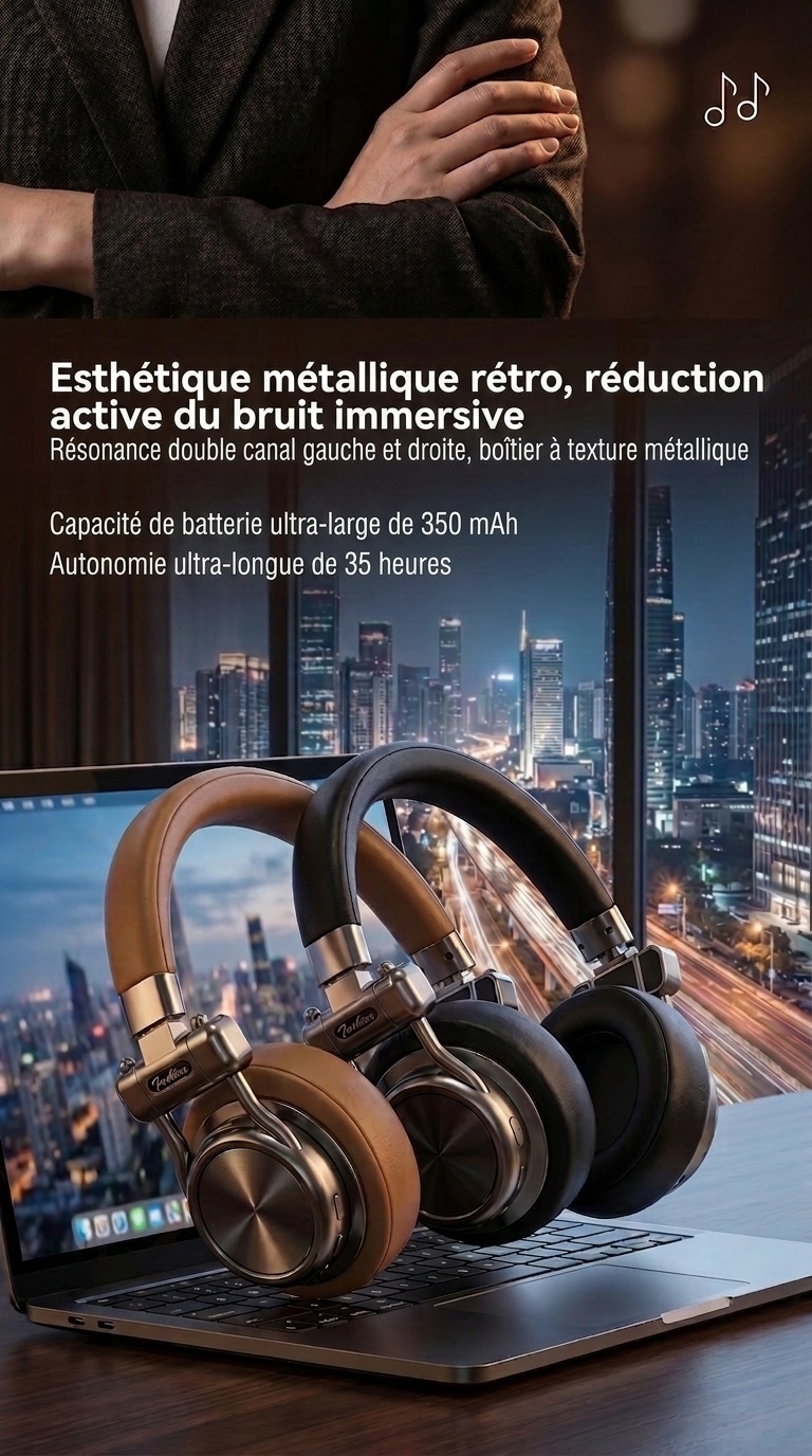Casque rétro sans fil à réduction de bruit - Bluetooth Hi-Fi