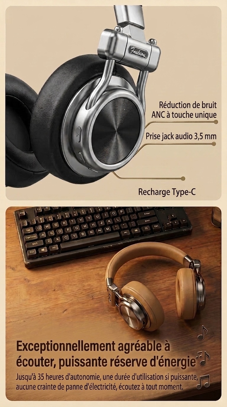Casque rétro sans fil à réduction de bruit - Bluetooth Hi-Fi