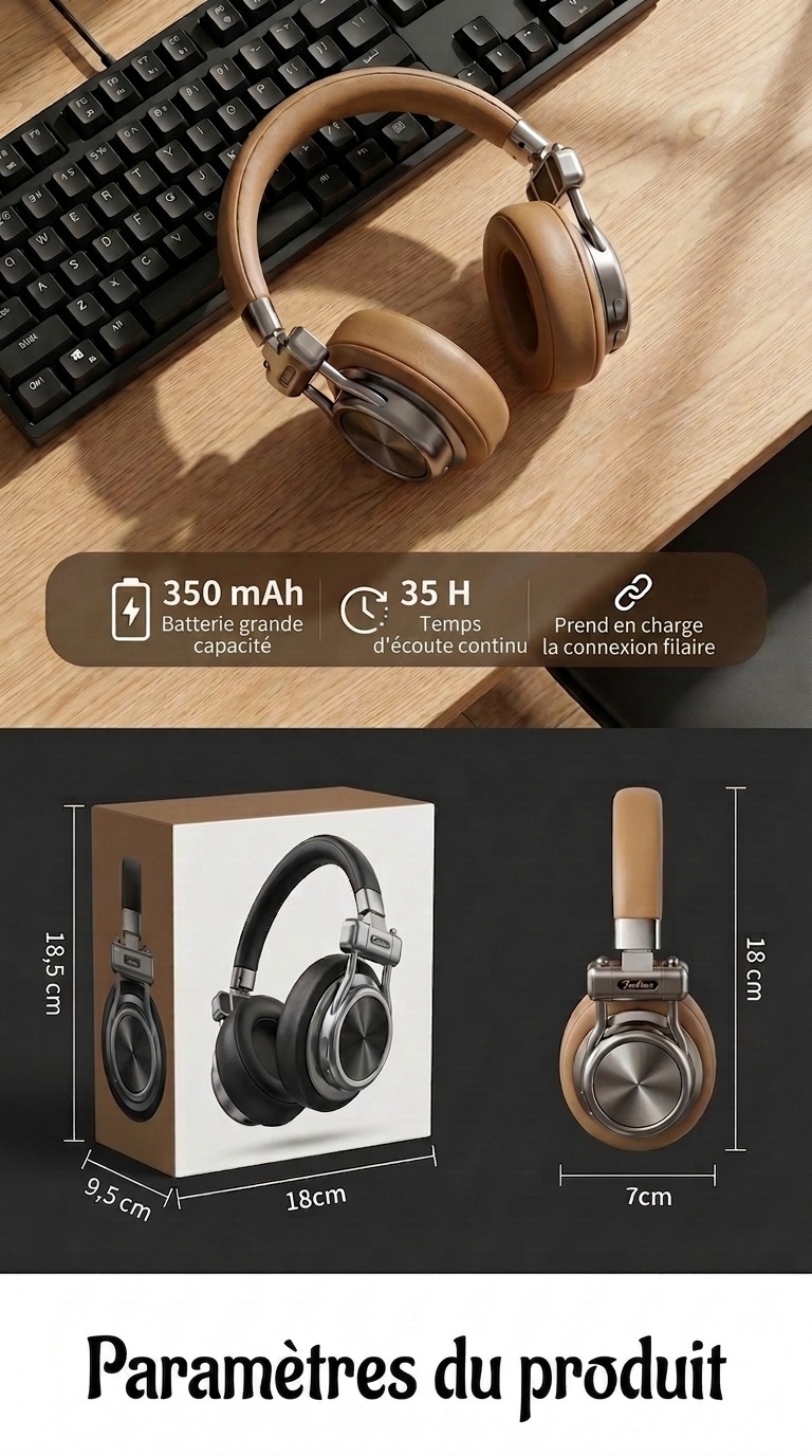 Casque rétro sans fil à réduction de bruit - Bluetooth Hi-Fi