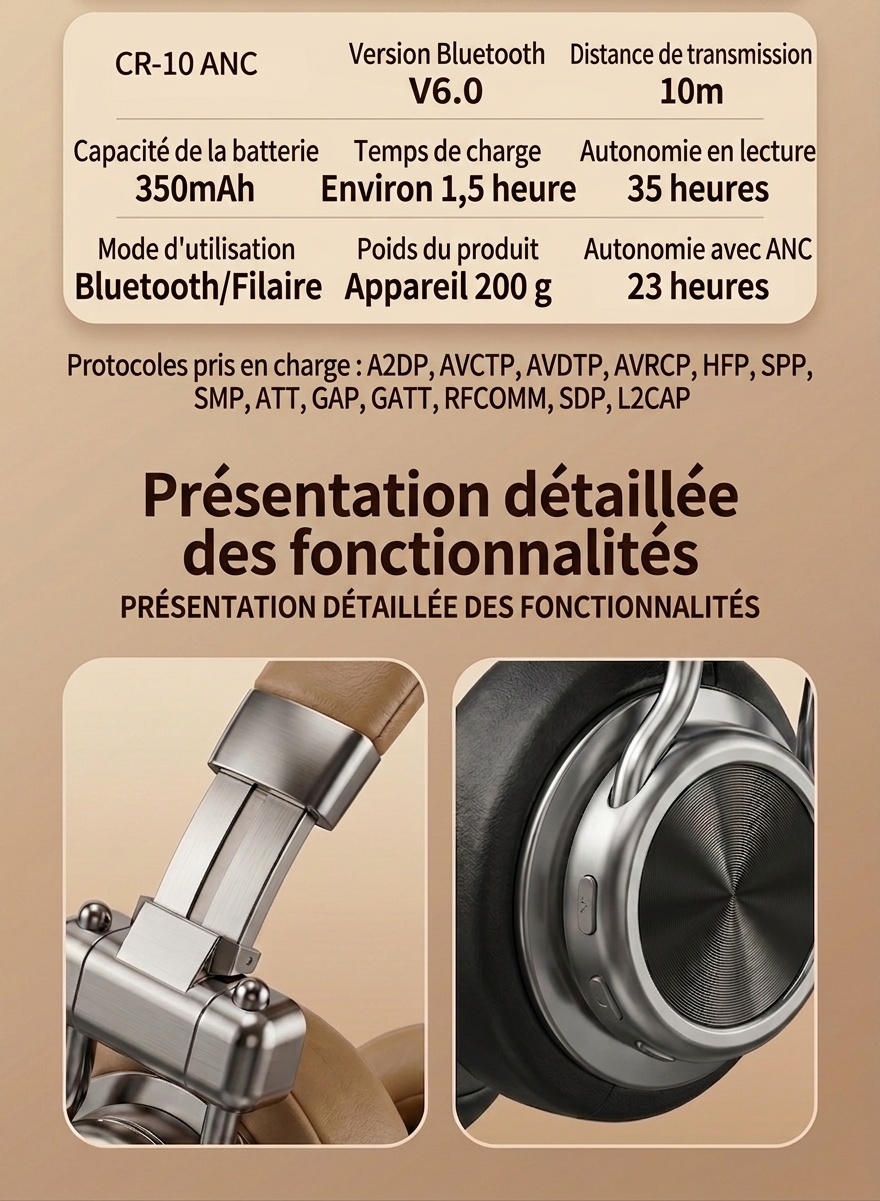 Casque rétro sans fil à réduction de bruit - Bluetooth Hi-Fi