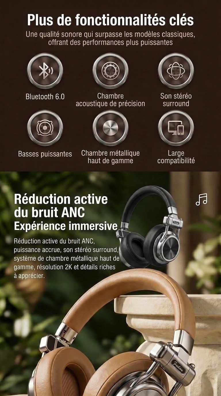 Casque rétro sans fil à réduction de bruit - Bluetooth Hi-Fi