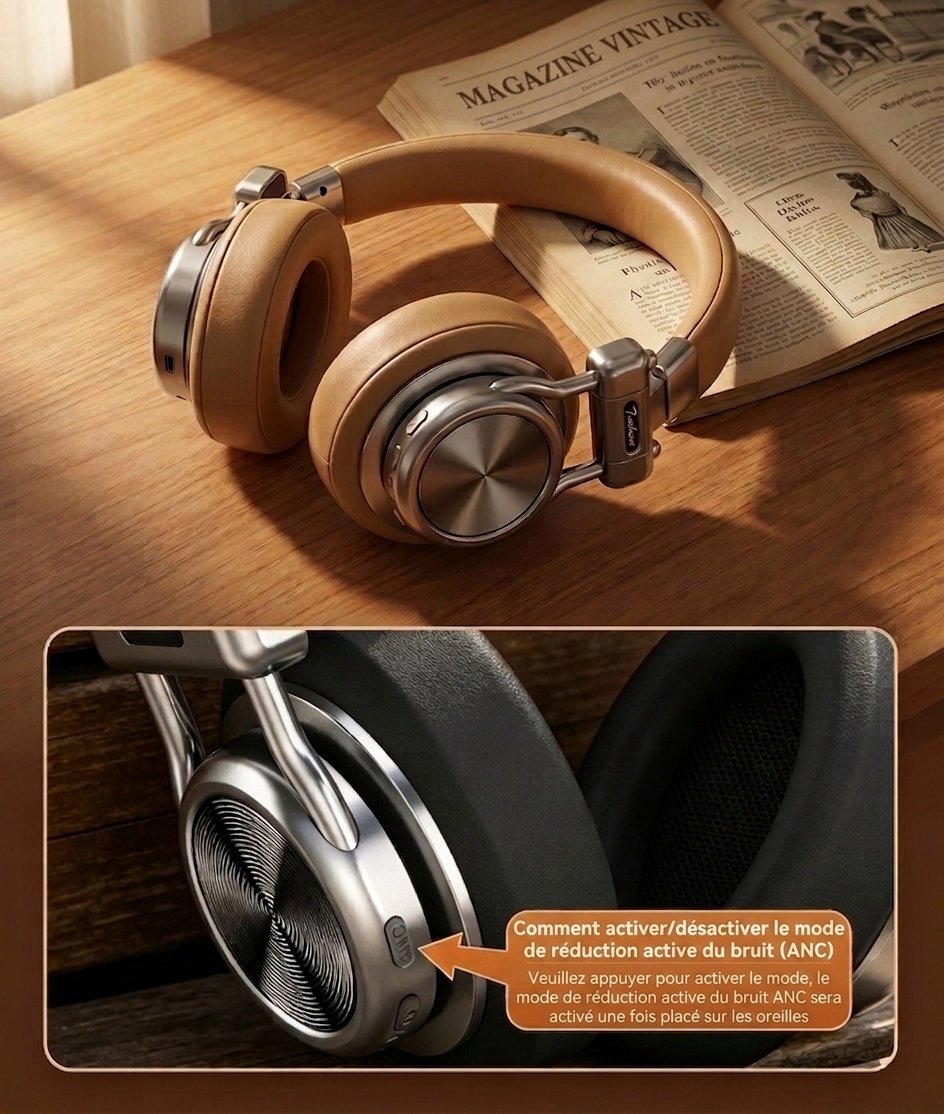 Casque rétro sans fil à réduction de bruit - Bluetooth Hi-Fi